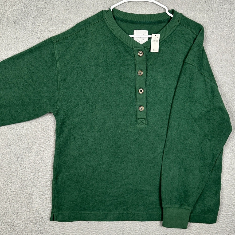 NEW Aerie Sherpa Henley Sweatshirt Womens Medium Green Button-Down Long Sleeve